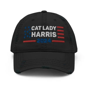 Cat Lady 2024 Distressed Dad Hat, Kamala Harris 2024 Distressed Hat - Picture 1 of 13