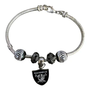 Las Vegas Raiders Snake Chain Euro Bead Bracelet - Picture 1 of 1