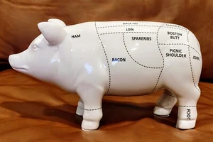 NEW LARGE WHITE CERAMIC PIG FIGURINE w/ PORK COOKING CHART RESTAURANT DECOR. NWT - Picture 1 of 11