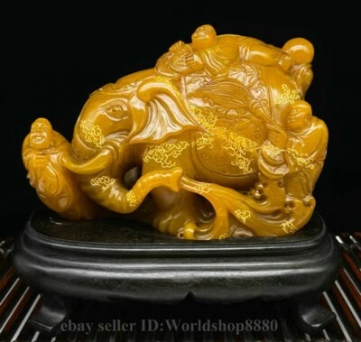 6" Old Chinese Yellow Shoushan Stone Carved Elephant Arhat Damo Buddha Statue - Image 1 of 4