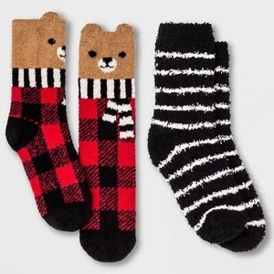 Kids' XS/S Bear Cozy Crew Socks Wondershop Winter Plaid & Striped Red/Black - Picture 1 of 3
