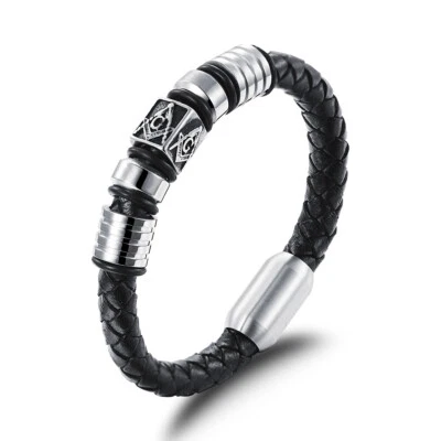 8.1" Freemasonry Masonic Leather Beaded Bracelet Magnetic Bangle for Men *9MM - Image 1 of 4
