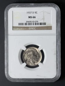 1937 - D BUFFALO NICKEL NGC MS66, nice toning, free ship - Picture 1 of 2