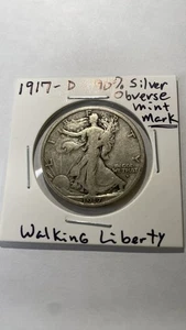 Medio dólar 1917-D anverso marca de ceca Walking Liberty ~ 90 % plata 50 c MONEDA EXACTA - Imagen 1 de 5