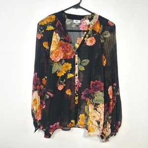 Sheer Floral Blouse Small Black Fall Top Long Sleeve Dark Romantic Boho Noir - Picture 1 of 6