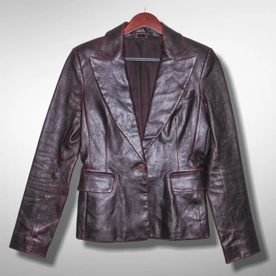 THEORY sz P Leather Blazer Jacket Deep Burgundy Red Single Button Lapel Career - Image 1 of 4