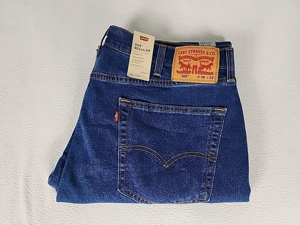 Levis Jeans Mens 505 Regular 40x32 Straight Leg Stretch Dark Wash Denim