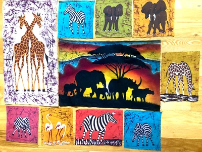 10 AFRICAN SAFARI ANIMALS BATIK Fabric Panels Lot Giraffes Zebras Elephants More - Image 1 of 4