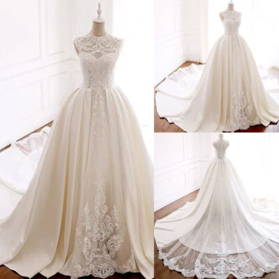 Simple Satin Wedding Dresses Lace Applique High Neck Chapel Train Bridal Gowns - Image 1 of 4