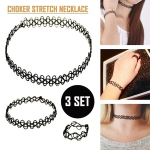 DONNA COLLANA GIROCOLLO BRACCIALE ANELLO ELASTICO GOTICO TATUAGGIO PIZZO NERO - Foto 1 di 6