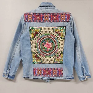 Angel Kiss Jacket Woman’s sz Small Blue Denim Embroidered Rose Patch Art to Wear - Picture 1 of 6