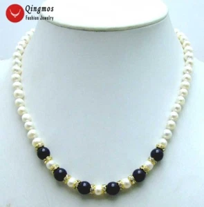 Collar de 6-7 mm blanco perla natural y 8 mm ágata negra 17" para mujer 5832 - Imagen 1 de 6