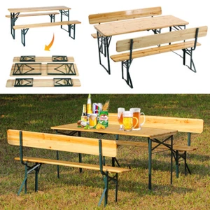 Wooden Folding Garden Beer Table &2 Bench Set Outdoor Picnic Trestle Table Chair - Picture 1 of 25