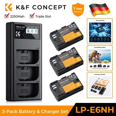 K&F Concept LP-E6NH Akku,2250mAh (3er Pack) und 3-Slot Ladegerät -Kit mit Canon - Bild 1 von 4