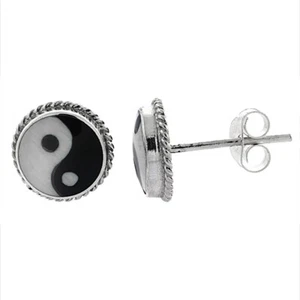 Aretes Yin Yang de plata de ley 925 maciza de 3/8 pulgadas (10 mm) para mujer niña - Imagen 1 de 12