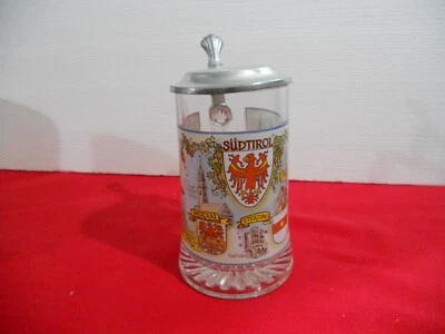 Boccale bicchiere birra vetro con coperchio peltro sudtirol - Immagine 1 di 4