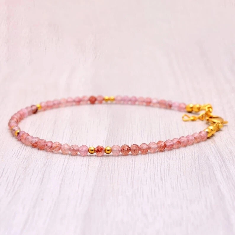 Natural Strawberry Beads Faceted Gemstone womens gift Bracelet jewellery 7" - Image 1 of 4