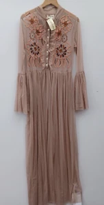 Lace & Beads Taupe Long Sleeved Sheer Tulle Floral Maxi Shirt Dress Size S Bnwt - Picture 1 of 3