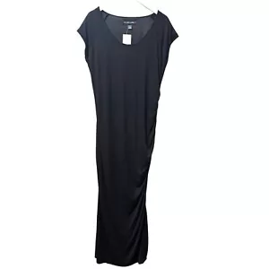 Colleen Lopez Black Maxi Dress Plus Size 1X Stretch Shirred Tee Short Sleeve NEW - Picture 1 of 11