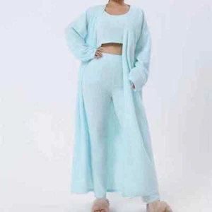 Cozy Knit Lounge Set - Women's 3-Piece Pajama Set with Wide Leg Pants & Cardigan - Picture 1 of 38