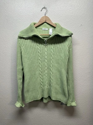 Liz & Co 90’s Green Cable Knit Sailor Sweater 100% Cotton Size XL Quarter Zip - Image 1 of 4