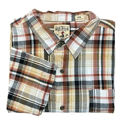 RedHead Mens Seersucker Short Sleeved Button Down Collared Shirt Rust Black 3XL - Image 1 of 4