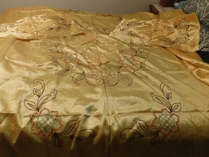 25-922 Vintage Asian/Korean Embroidered Flowers Gold Satin Bed Cover Sheet Shams - Picture 1 of 10