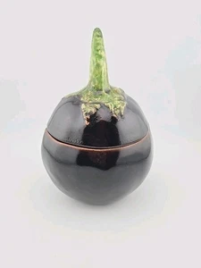 Tarro con tapa de cerámica de berenjena firmado vintage EE. UU. estudio cerámica cocina decoración - Imagen 1 de 16