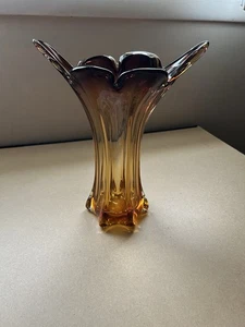 11” X 9” 1960’s Amber/Purple/Honey Swung/Stretch Glass MCM Vase - Picture 1 of 8