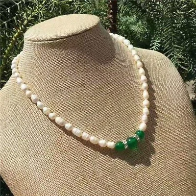 Single Natural Green Jade South Sea White Pearl Necklace 18" 14k Gold P - Image 1 of 4