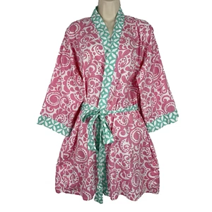 Pottery Barn Teen Robe 100% Cotton One Size Pink Paisley Contrast Trim Belted - Picture 1 of 8