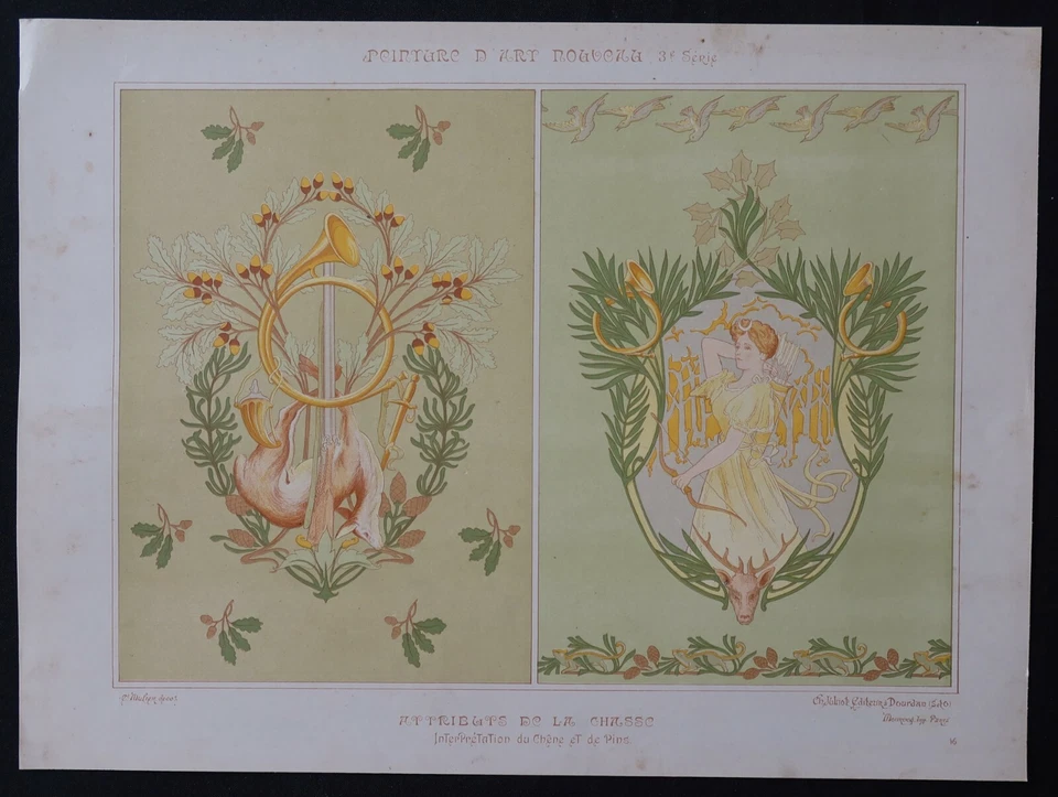 PEINTURE D' ART NOUVEAU Mulier 16 / Chasse Hunting Jugendstil 1900 no Mucha  - Photo 1/1