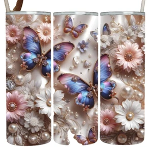 3D Effect Butterfly Floral Pearl 20oz Tumbler Insulated Travel Mug Cup - Picture 1 of 3
