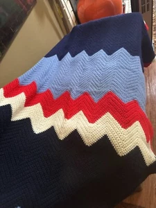 Vtg Crochet Chevron Knit Throw Blanket 40x64 Red White Blue Granny Handmade - Picture 1 of 6