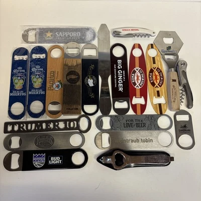 Bartender Bottle Opener Speed Opener Lot of 19 Flat Sapporo Corona Stella Bud - Image 1 of 4