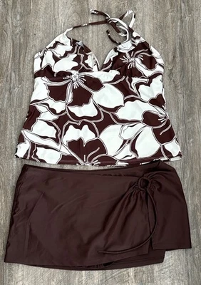 Camiseta sin mangas y falda de baño Sonoma marrón y blanco floral de dos piezas Foto 1 de 4