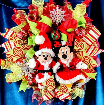 Corona de Navidad grande de Mickey y Minnie Mouse 24" roja y verde decoración de puerta de entrada Foto 1 de 4