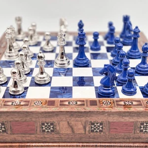 Handmade Luxury Chess Set With Storage - Blue & Silver - Picture 1 of 10