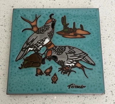 Turquoise Cleo Teissedre Ceramic Tile Art 6x6 Signed Double Quail Trivet Coaster - Image 1 of 4