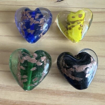 4 Lampwork Glass BLACK YELLOW BLUE GREEN GOLD SAND HEART 3D Puffy 35mm  Beads - Image 1 of 4