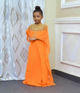 New Orange Gown Kids Dress NEW Long Moroccan Party Wedding Georgette Kaftan - Picture 1 of 3