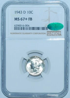 1943 D NGC MS67+FB CAC Full Bands Mercury Dime - Image 1 of 4