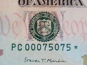 $10 Bill STAR NOTE Circulated 2017A Low Run  - Low Serial Number PC 00075075 ⭐ - Picture 1 of 15