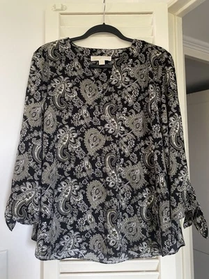 Michael Kors Womens Black Green Paisley Tie Sleeve Lightweight Blouse Top XL - Image 1 of 4