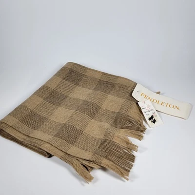 Vintage Pendelton Scarf 100% Virgin Wool Tan Brown Checks 9"x60" Old Money Style - Image 1 of 4