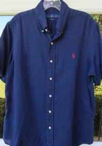 Ralph Lauren Pure Linen Casual Shirt Mens Solid Navy Blue Red Polo Pony Medium - Picture 1 of 13