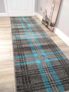 Very Long Teal Blue Hallway Rugs Tartan Carpet Grey Hallway Runner ANY Length - Picture 1 of 7