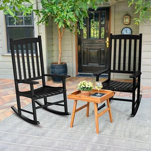 2PCS Outdoor Natural Wood Porch Rocking Chair Weather Resistant High Back Black - Picture 1 of 23
