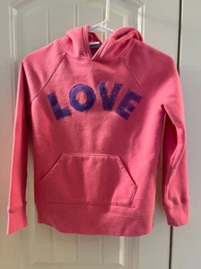 Amazon Essentials Girl's Pullover Hoodie Sweatshirt Pink Upcycled "LOVE" sz 10 - Picture 1 of 4