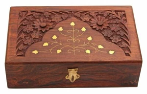 Handmade Wooden Storage Box Jewelry Holder Organizer Floral Hand Brass 8 inch - Picture 1 of 5